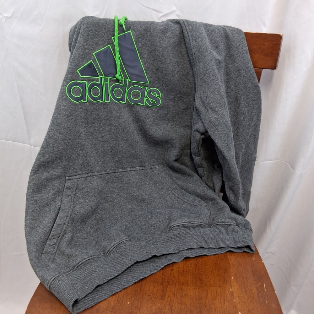 Adidas‎ Gray Hoodie Neon Green Logo Pullover Men's Athletic Casual XL-XXL